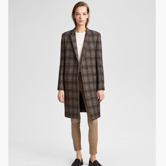 Theory Wool Plaid Essential Knee Length Pea Coat Size XS Brown Dark Academia - Picture 1 of 15